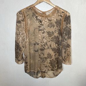 Meadow Rue Floral Sheer Long Sleeve Blouse Beige Button Back‎ Women’s Small